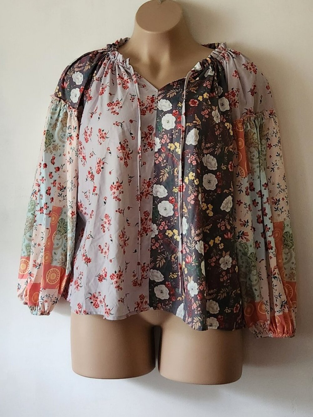Shein patchwork print blouse sz XL multi color floral VGUC